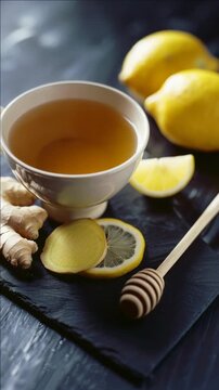 A cozy scene featuring a cup of tea alongside fresh lemon slices and ginger root on a rustic wooden table.