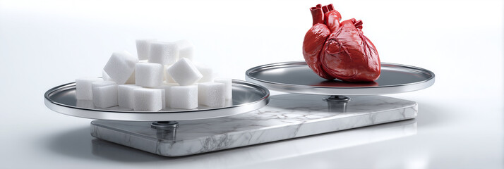 Hyper-Realistic Medical Concept Showing the Dangerous Imbalance Between Refined Sugar Consumption and Human Heart Health, Scientific Visual Metaphor. On white background with copy space. Generative Ai