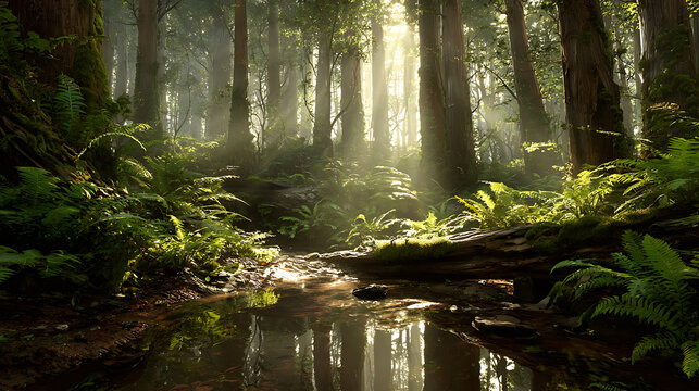 Ancient Forest with Sunbeams and a Fallen Log nature