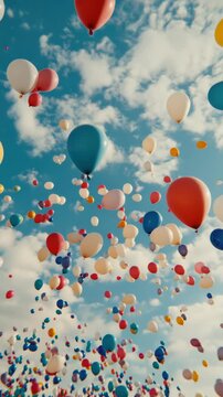 The depicts a multitude of colorful helium-filled balloons ascending into a cloudy sky, creating a lively and vibrant scene.