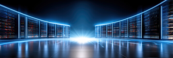Secure futuristic blue data center server room with glowing light reflection
