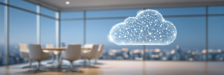 Secure cloud technology protecting global data in modern corporate office interior