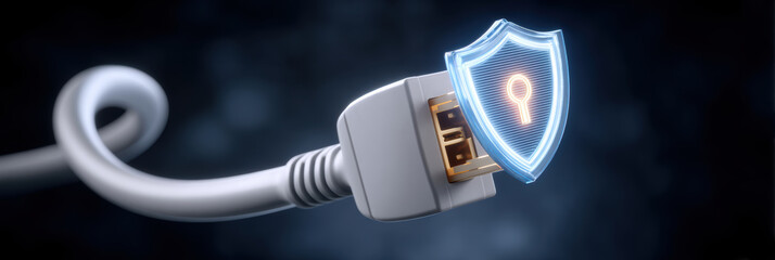 Secure blue shield protects cable connection for safe digital data transfer
