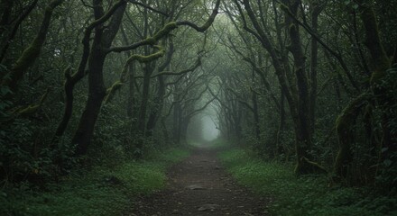 Fototapeta premium Mysterious Path Through a Foggy Mossy Forest