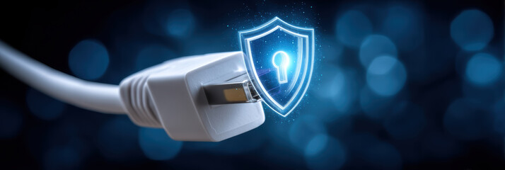 Secure data network concept with white ethernet cable and glowing blue protection shield icon