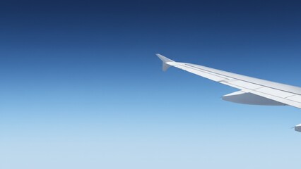 Fototapeta premium Airplane Wing Against Clear Sky Flight Travel Aviation. Concept featuring airplane, wing, sky, flight, travel.
