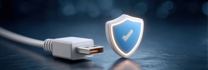 Reliable USB cable ensures secure data protection with blue digital shield icon