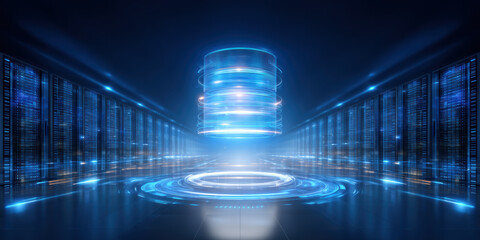 Futuristic blue server room processing secure data in digital cloud technology center