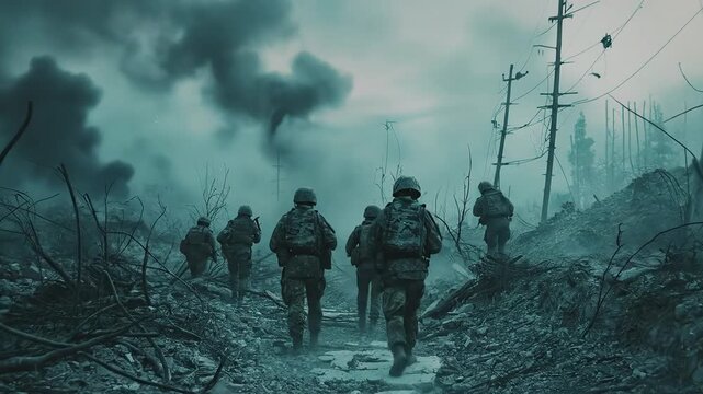 Soldiers marching through smoke on devastated battlefield at dusk.