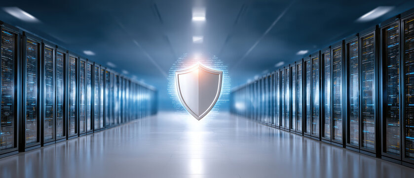 Futuristic blue server room with digital shield for secure data center protection technology - Powered by Adobe