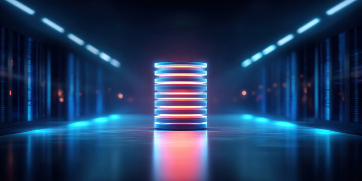 Powerful secure data center with futuristic neon light and digital technology glow - Powered by Adobe
