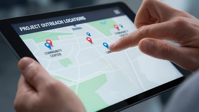 Project outreach locations map tablet screen showing brainstorming for nonprofits planning community center and school spots with interactive map pins