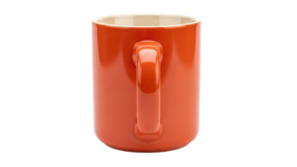 Isolated orange mug close up with handle for drinking beverage, breakfast, or coffee shop