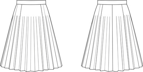 Front and back view pleated midi skirt vector illustration, high waist soft pleat technical fashion drawing template
