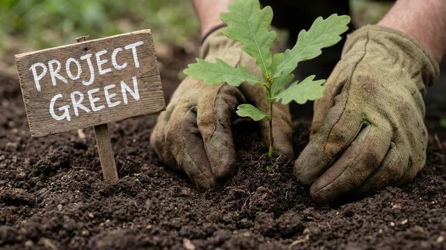 Planting seedling growth with hands gloves nurturing young tree soil for green nature and environmental care through nonprofit brainstorming ideas