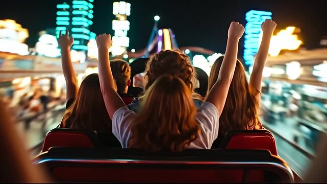 A group of people riding a roller coaster at night