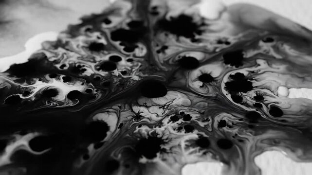 Abstract ink bleeding and spreading across wet paper creating intricate organic patterns in monochrome tones.