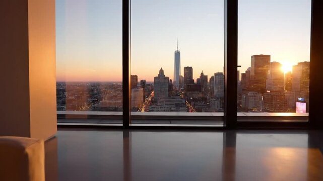 A breathtaking panoramic view of a bustling urban skyline is captured from a luxurious high-rise interior during the golden hour. The expansive windows reveal towering skyscrapers and a vast city illu