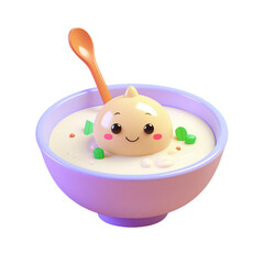 Naklejka premium Cute cartoon dumpling in a bowl of soup with a spoon.
