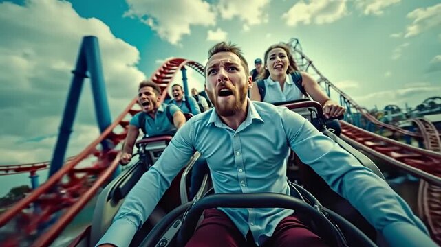 A group of people riding a roller coaster at a theme park