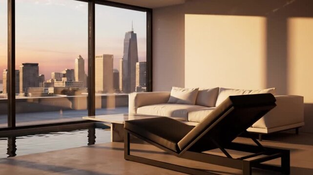 A breathtaking shot of a luxurious, modern apartment interior, featuring expansive floor-to-ceiling windows that offer a stunning panoramic view of a vibrant urban skyline at golden hour. Warm, ambien