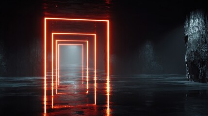 Futuristic Neon Corridor with Glowing Rectangles and Reflective Water Surface in an Ambient Dark Environment