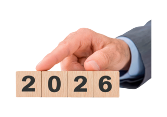 Transition from 2025 to 2026 concept with hand touching wooden blocks for change representation on transparent background, PNG