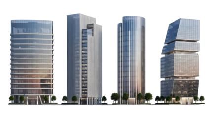 Four glass-clad modern skyscrapers, isolated on a transparent background, representing contemporary urban architecture and business environments