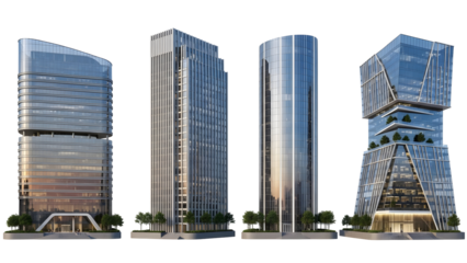 Four glass-clad modern skyscrapers, isolated on a transparent background, representing contemporary urban architecture and business environments
