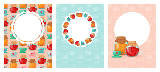 set of vertical banners with jam jars and teacups, card with place for text. For menu and seasonal designs