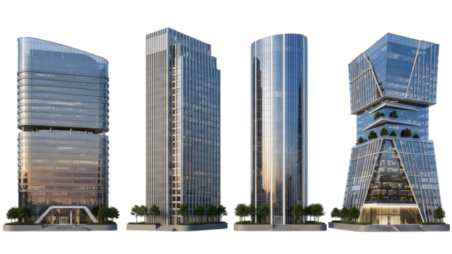 Four glass-clad modern skyscrapers, isolated on a transparent background, representing contemporary urban architecture and business environments - Powered by Adobe