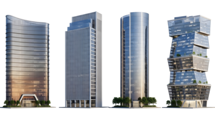 Four glass-clad modern skyscrapers, isolated on a transparent background, representing contemporary urban architecture and business environments