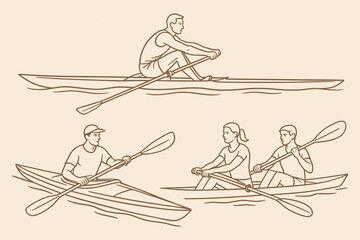 Obraz premium Athletes paddling kayaks and rowing boats for water sport, fitness training and outdoor activity design. Vector illustration.