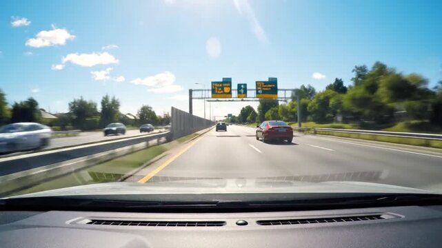 A commute to work or a road trip on a bright, sunny day is captured from the driver's perspective, looking out the windshield onto a multi-lane highway..