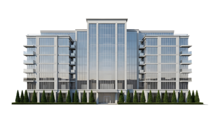 Modern corporate office building facade with sleek glass windows and minimalist steel details, isolated on a transparent background, representing business, finance, and contemporary urban architecture