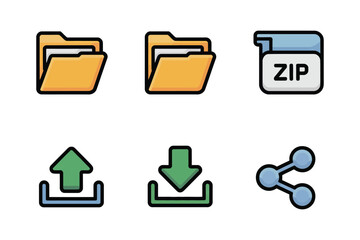 Icon set for file management, downloads, and sharing, including folders and zip files.