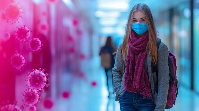 Youthful individual maintains safety in indoor setting with face protection barrier, as luminous viral microbe elements float nearby