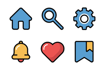 Essential flat icons for web design and user interface elements like home, search, and heart.