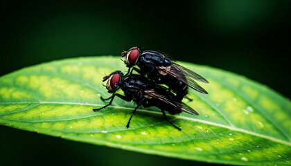 Close-up of two flies mating on a green leaf with water droplets