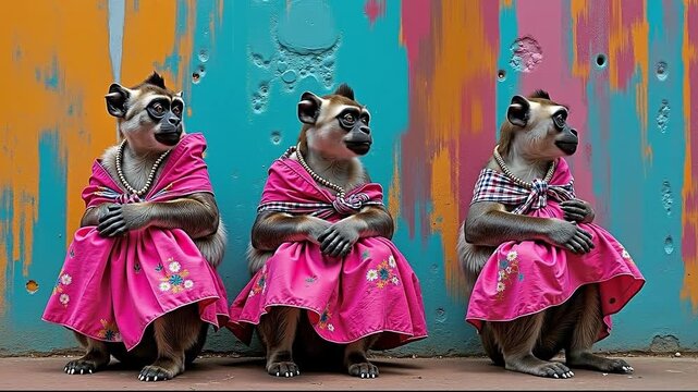 Three monkeys in pink dresses sitting in front of a colorful wall