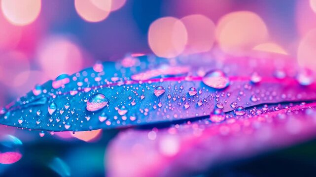 Macro Abstraction of Dew Drops on Vibrant Foliage with Saturated Neon Light Spill and Circular Bokeh