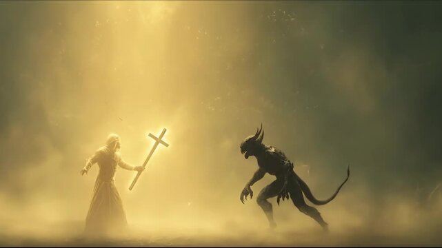 Woman saint with glowing cross battles a demon in a spiritual struggle, dark creature recoiling in a dusty, ethereal landscape.
