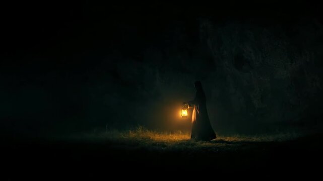 Woman in dark robe walks through a dark cave with a glowing lantern. Spiritual journey through unknown evil and darkness.