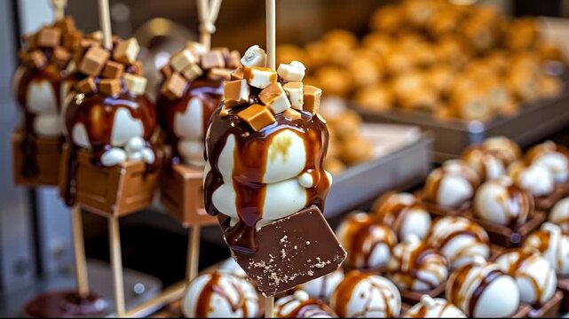 A display case filled with lots of different types of caramel apples
