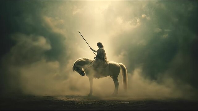 Warrior on white horse with spear moving through dusty battlefield. Fight against evil. Saint in battle.
