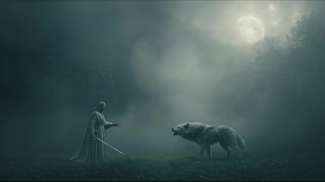 Man in robe with a sword confronts a howling wolf under a full moon in a foggy, dark fantasy scene, spiritual battle concept