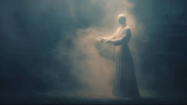 A man in chains being released by light in a mysterious struggle against spiritual dark forces.