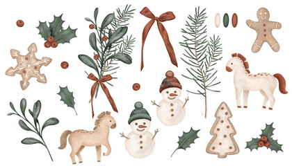 Christmas set with horses, pine branches, fir tree, bow, holly, red berries, cookie gingerbread, snowman. Clipart or bundle with Illustrations for New year design. Clipart cookies snowflake and tree