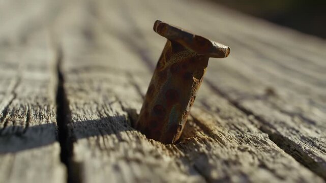 Close-up of old rusty nail hammered into weathered wood surface