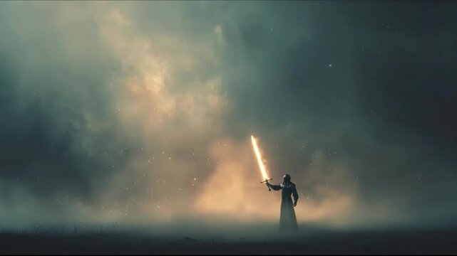 Man holding glowing sword triumphantly then lowering it through misty and mystical clouds for a fantasy battle scene.